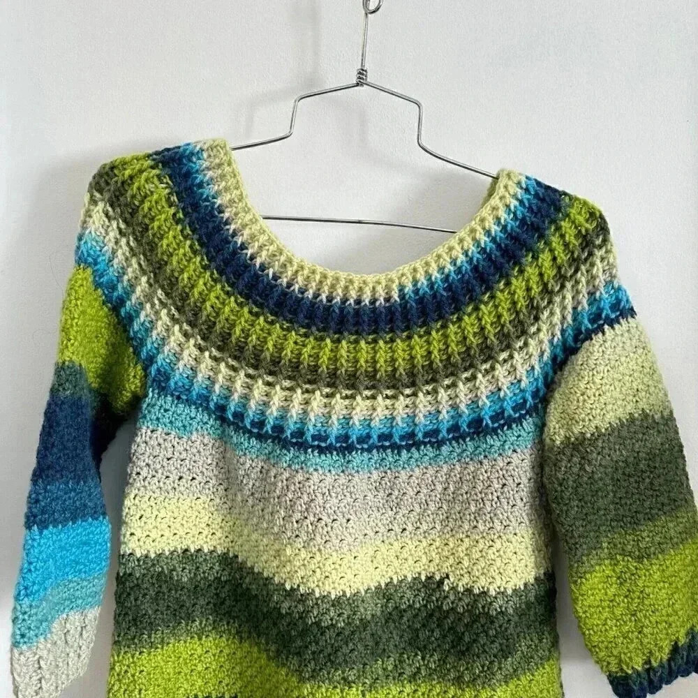 Handmade XS crochet knit dress blue green short with 3/4 sleeves - Picture 6 of 10